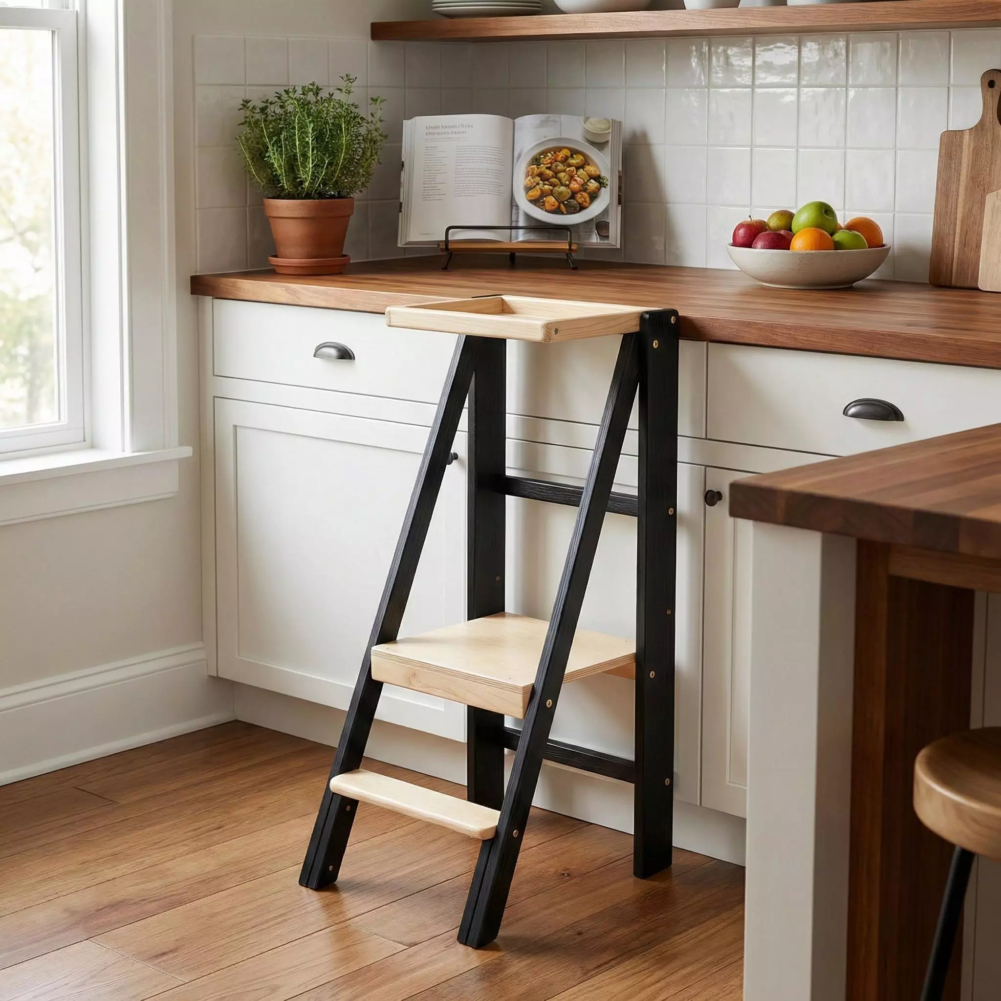 Lernturm klappbar schwarz Slim Black Loft – mattschwarzer Rahmen, Naturholzstufen – Barin Toys