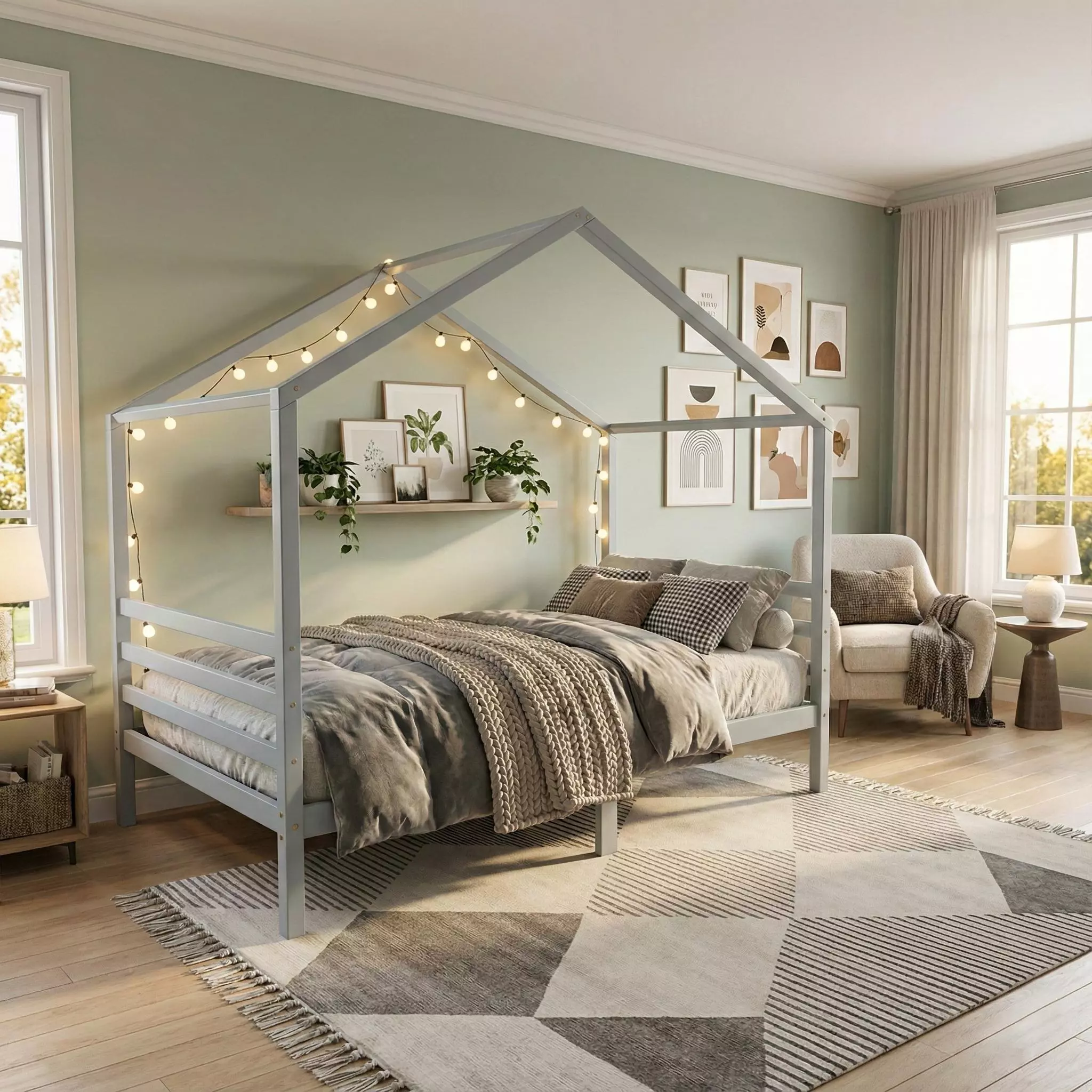 Hellgraues Hausbett 90x200 im Kinderzimmer mit salbeigrüner Wand, Lichterkette am Dachrahmen, Bilderwand und Regal mit Pflanzen