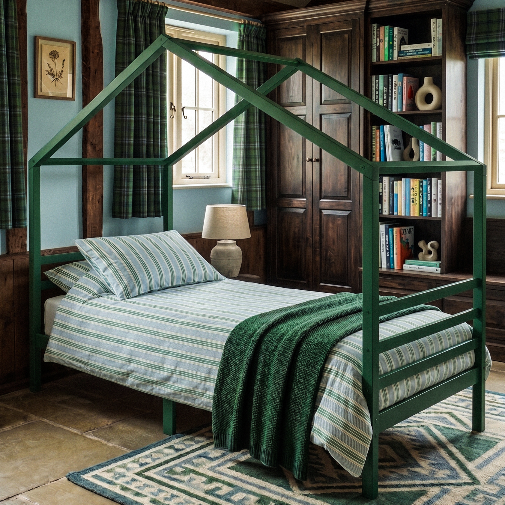 Grünes Hausbett 90x200 in Waldgrün im Zimmer mit dunklem Holz, vollem Bücherregal und karierten Vorhängen