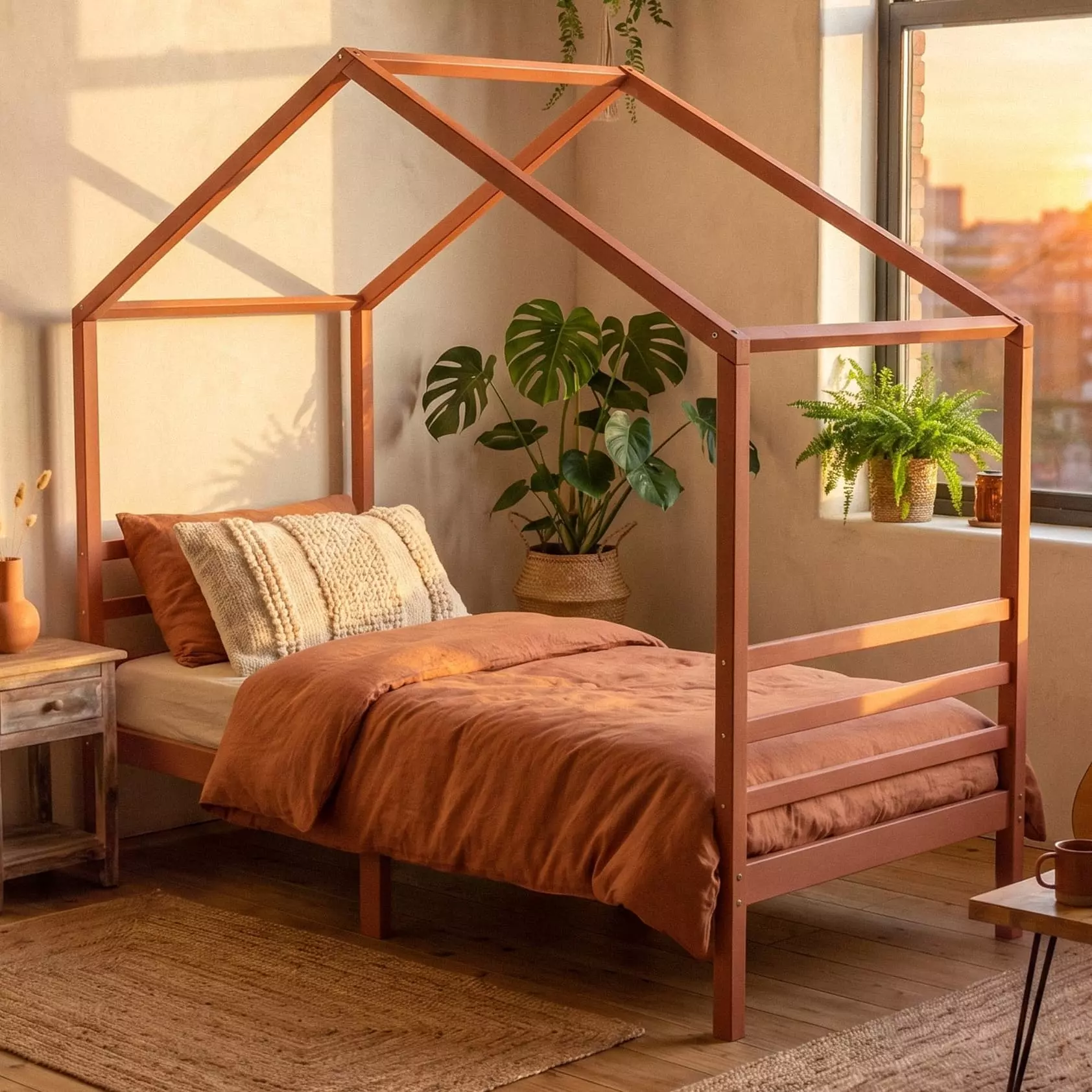 Haus Kinderbett in Terracotta im Boho-Kinderzimmer mit Monstera, Jute-Teppich und Leinenbettwäsche im Abendlicht