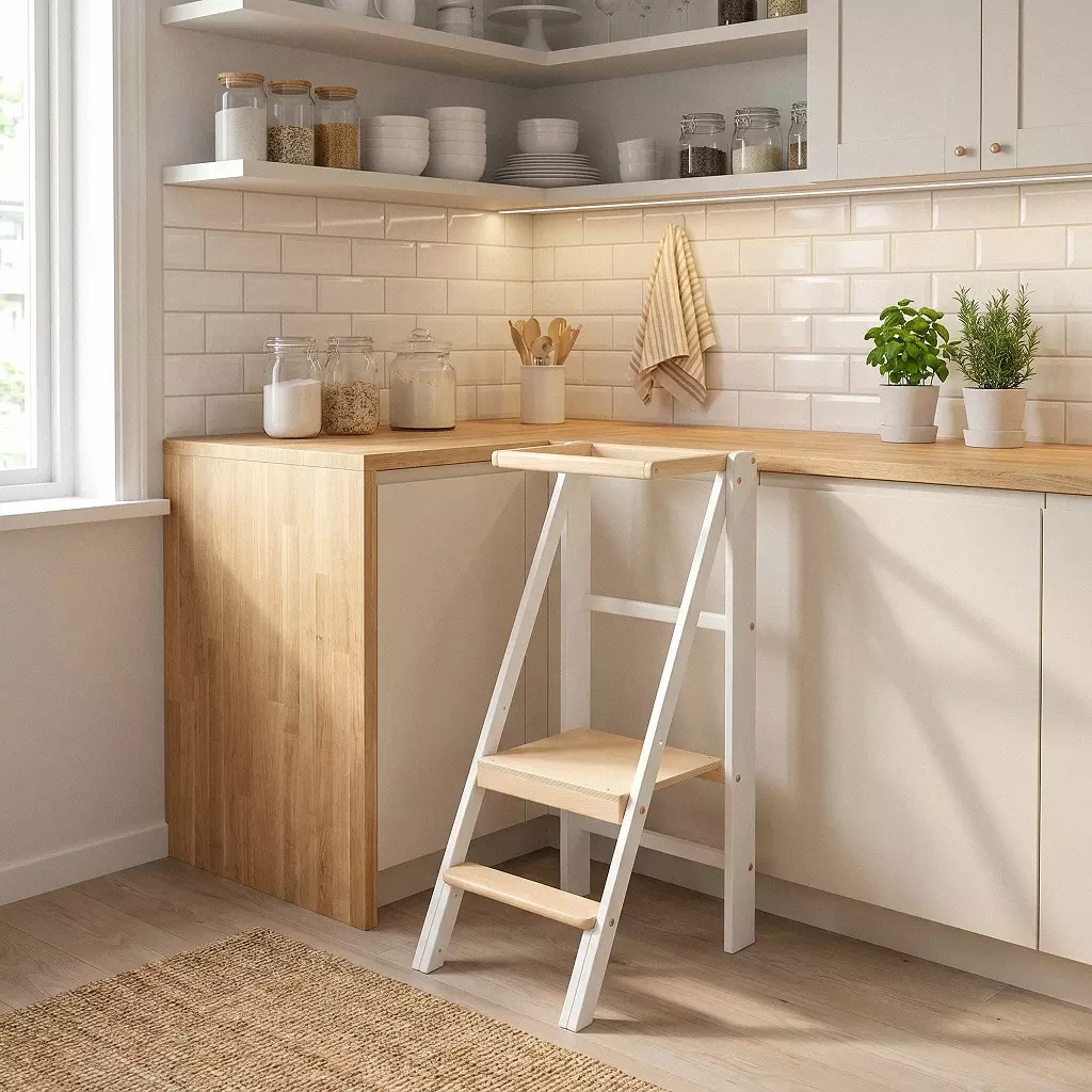 Lernturm weiß Slim White Loft mit Holzstufen – Küchenhelfer für Kinder 12 cm, 95 kg – Barin Toys