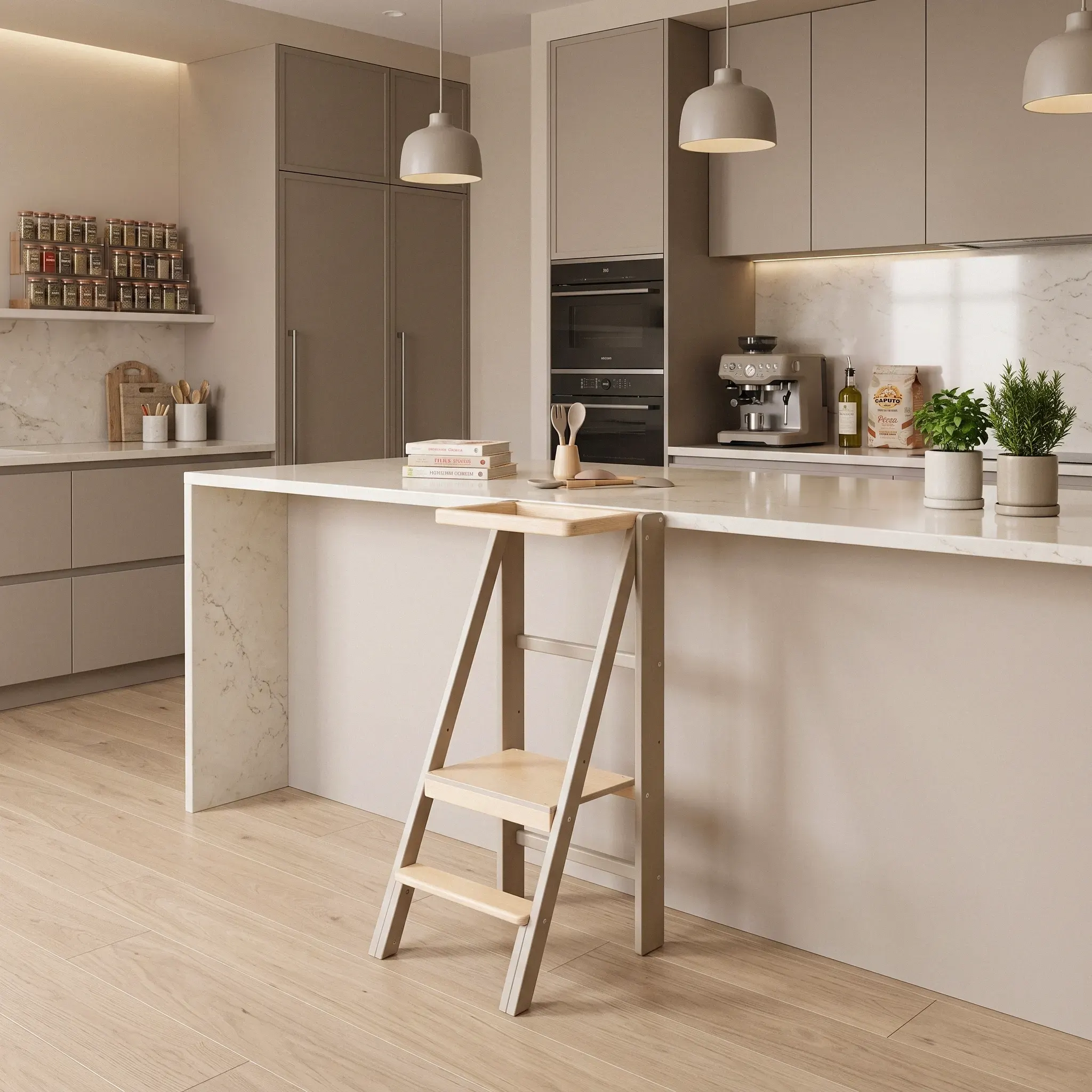 Lernturm 2 in 1 beige Slim Greige – Küchenhelfer für Kind und Tritthocker 95 kg – Barin Toys