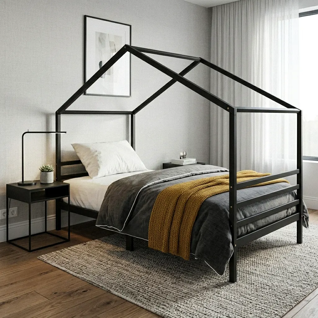 Hausbett 90x200 in Schwarz aus Massivholz, Dachrahmen über der Liegefläche – Kinderbett und Jugendbett von Barin Toys
