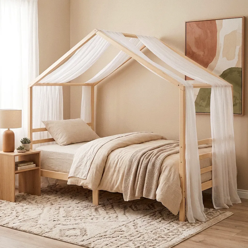 Hausbett für Kinder 90x200 aus Naturholz im Kinderzimmer, Dachrahmen aus Massivholz über der Liegefläche – Klassische Farben von Barin Toys