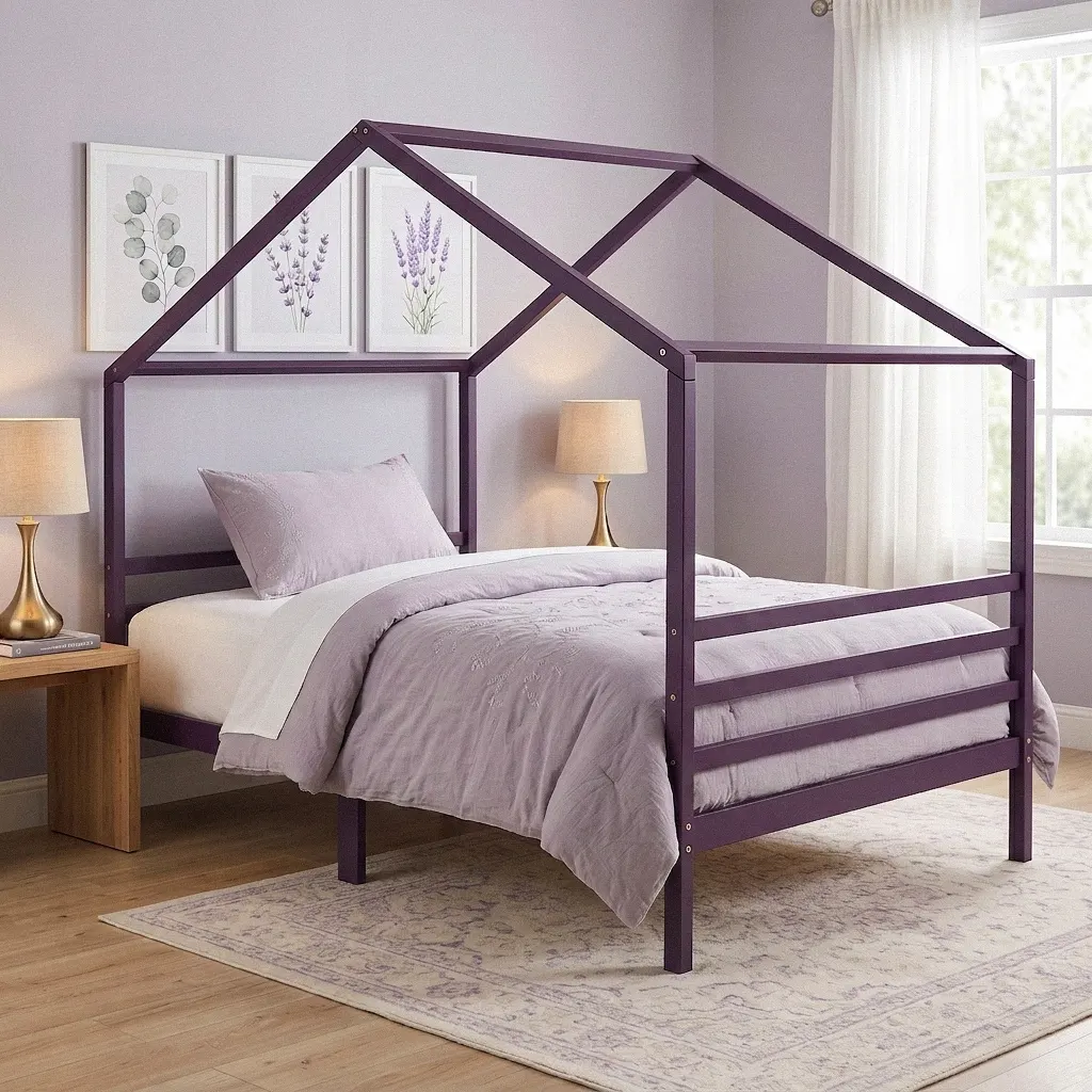 Jugendbett 90x200 in Lila aus Massivholz, Dachrahmen über der Liegefläche – Charakterfarben von Barin Toys