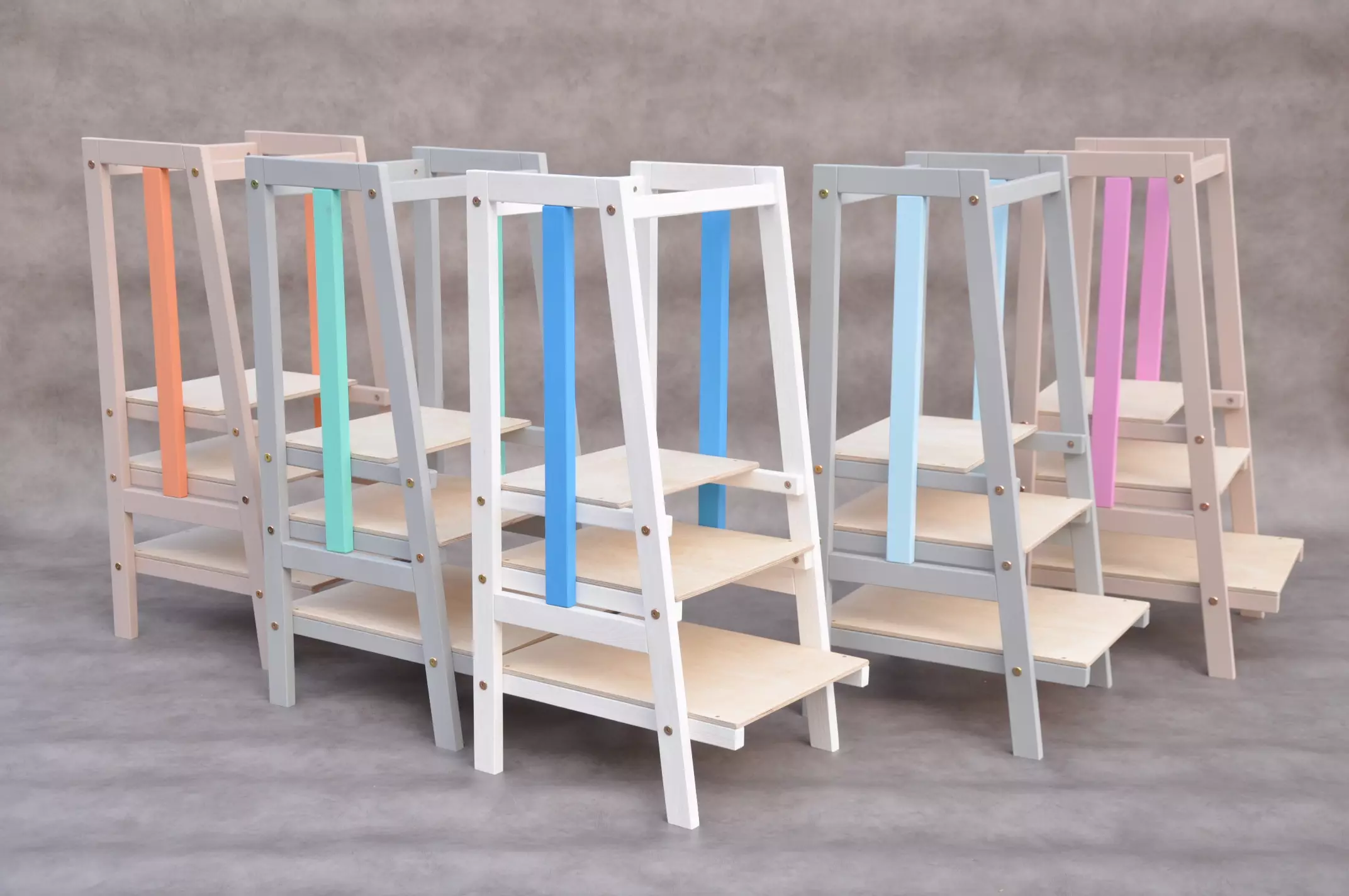 Lernturm ab 1 Jahr – Stripe in fünf Farben, feste 360°-Reling, Massivholz, CE – Barin Toys